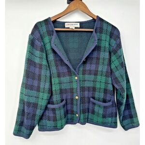 Old Money Tartan Plaid Cardigan Oversized Preppy Patch Pockets Gold Buttons